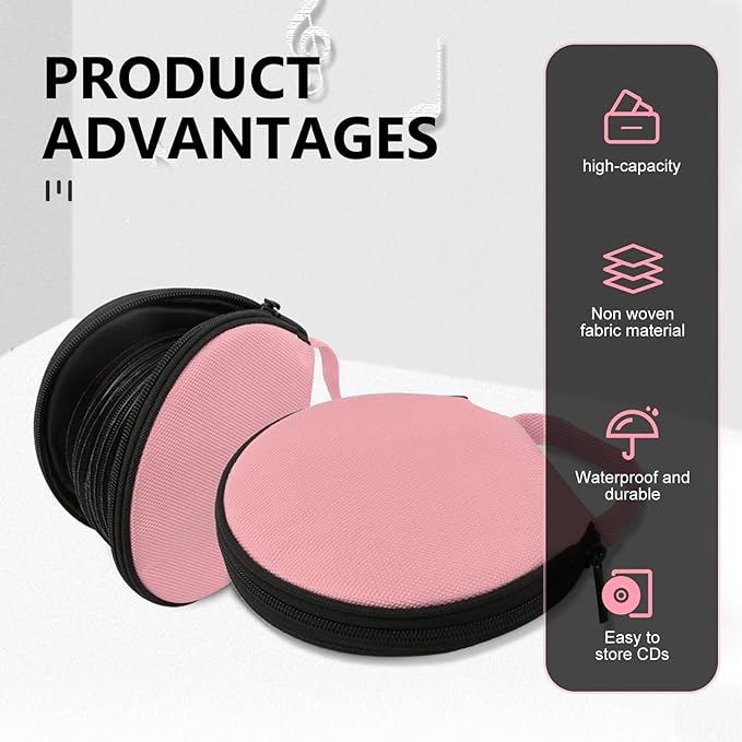 Car CD Case, 20 Capacity Oxford Cloth CD Protective Holder with Transparent Film Divider, Waterproof Portable Round Disc Case with Reinforced Handle, Universal DVD Organizer Wallet (Pink)