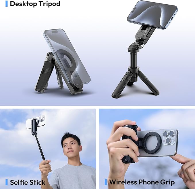 ULANZI Magnetic Phone Tripod, JJ03 Portable Selfie Stick Tripod for Magsafe with Remote, Mini Phone Stand Handle Grip for iPhone 17/16/15/Android, 360° Rotation Pocket Size for Travel Vlog Live