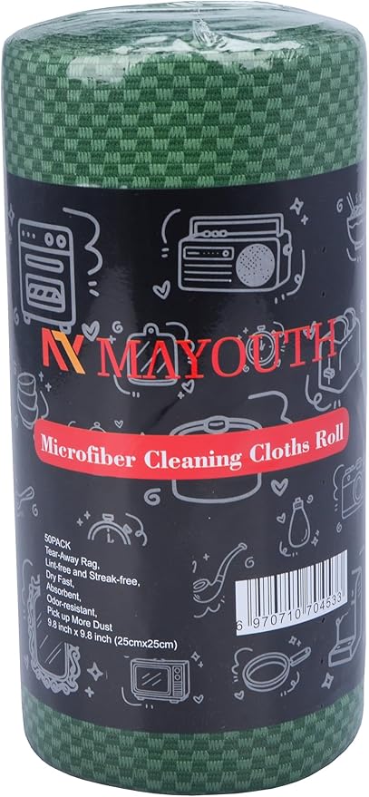 Microfiber Cleaning Cloths Roll 50-Pack Reusable Paper Towels for Car Wash Supplies Ultra Absorbent Kitchen Dish Rags House Window Cleaning Cloths Lint Free Tear away (Emerald-Green checkered pattern)