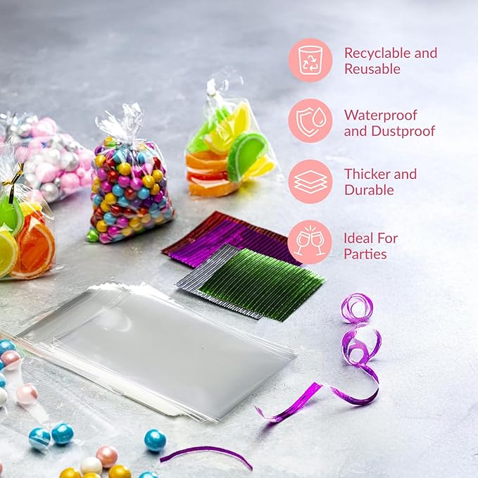 Prestee 200 Pack Clear Cellophane Bags for Favors - Transparent Goodie Bags for Birthday Party, 6x10 Inch Clear Bags with 4-Inch Twist Ties - Candy, Treat, Cookie Bags for Gift Giving
