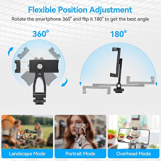 UTEBIT Universal Phone Tripod Mount with Cold Shoe Mount, 1/4" Thread 180° Tilt 360° Rotation Support Vertical and Horizontal, Adjustable Phone Clamp Holder for iPhone 17 16 15 14, for Samsung Galaxy