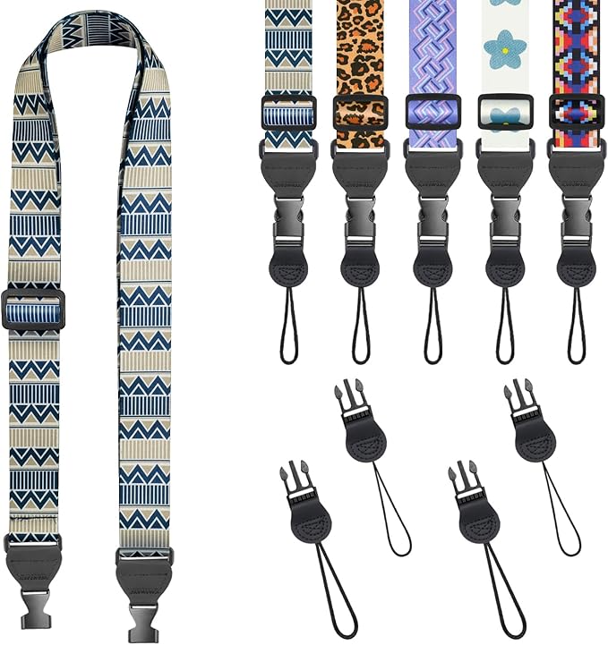 Grey and Blue Geometric Shoulder Strap, Adjustable Camera Strap with 2 Sets of Quick-Release Buckles, Comfortable Neck Strap for iPad, Tablet, Camera, Laptop, Binocular, Luggage Bag