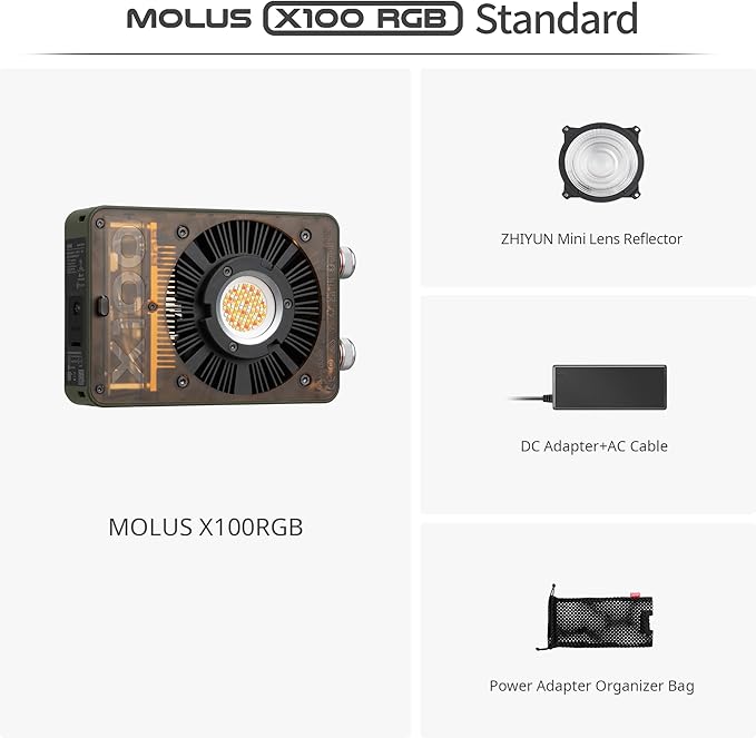 ZHIYUN MOLUS X100 RGB Standard 100W Video Light [Official] V2 Upgraded Version Professional Photography Light Portable Continuous Output Lighting 2500K~10000K CRI≥95 TLCI≥97 Only 384g (No Battery)