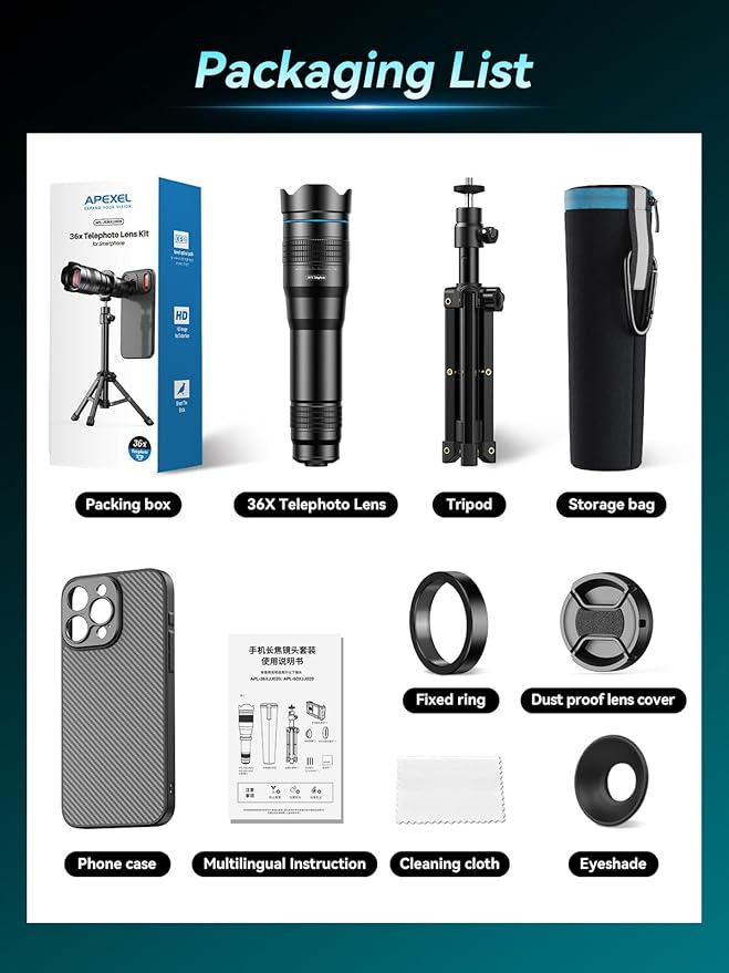APEXEL 36x Telephoto Lens Compatible with iPhone 15 Pro Max | Photography for Travel, Birdwatching, Exploration | Kit with Sturdy Metal Tripod and Threaded Phone Case