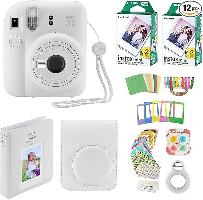 Fujifilm Instax Mini 12 Instant Camera with Case, 40 Fuji Films, Decoration Stickers, Frames, Photo Album and More Accessory kit (Clay White)
