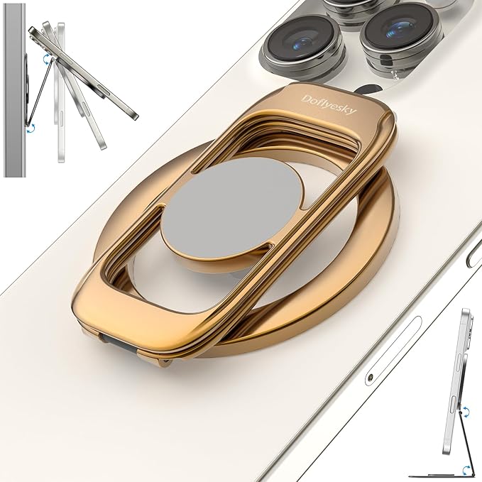 Magnetic Phone Ring Holder for MagSafe Phone Grip & Kickstand, Strong Dual-Sided Magnets Compatible with MagSafe Car Mount for iPhone 17/16/15/14/13/12 Pro Max and Android Phone Cases (Gold)