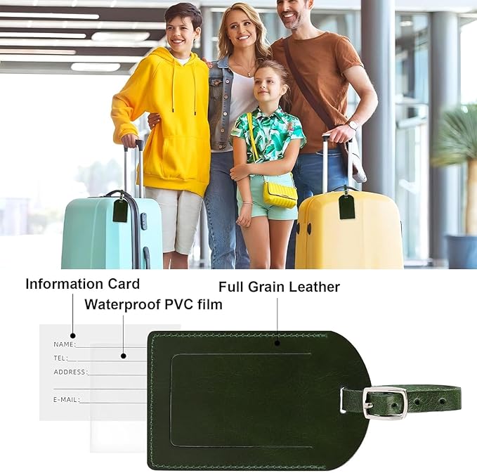 Ringsun Genuine Leather Luggage Tag for Suitcases ID Tags Bag Tags for Luggage (4 Pack, Green)