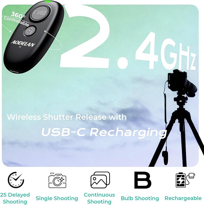 AODELAN USB-C Rechargeable Wireless Camera Remote Shutter Release for Nikon D200, D300, D750, D5000, D5100, D5200, D5600, D7200, D7500, Z6, Z7, D800, D850, Coolpix P1000