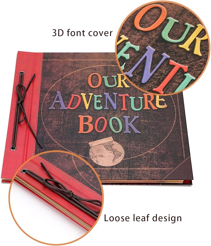 Big Size 12x12 Inch 60 Pages Scrapbook Photo Album,Our Adventure Book 3D Retro Embossed Letter Hard Cover Movie Up Travel Journal Memory Book For Couples,For Best Friend Gift