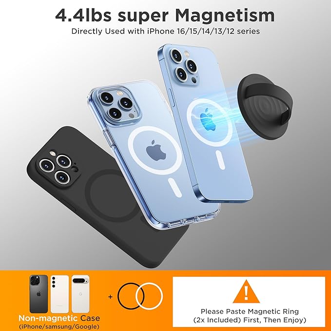 Upgraded Magnetic Phone Grip, Liquid Silicone Soft and Portable, Removable Finger Loop Ring Grip Holder for iPhone, Strong Magnetic Attraction, Compatible with MagSafe Phone Case, Black