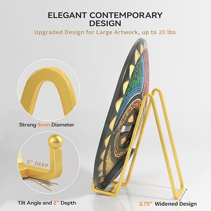 8 Inch Large Plate Stands for Display - Metal Plate Holder Display Stand, Picture Stand for Book, Platter, Plaque, Photo Frame, Small Easel Tabletop Art Display (Gold 2 Pack)