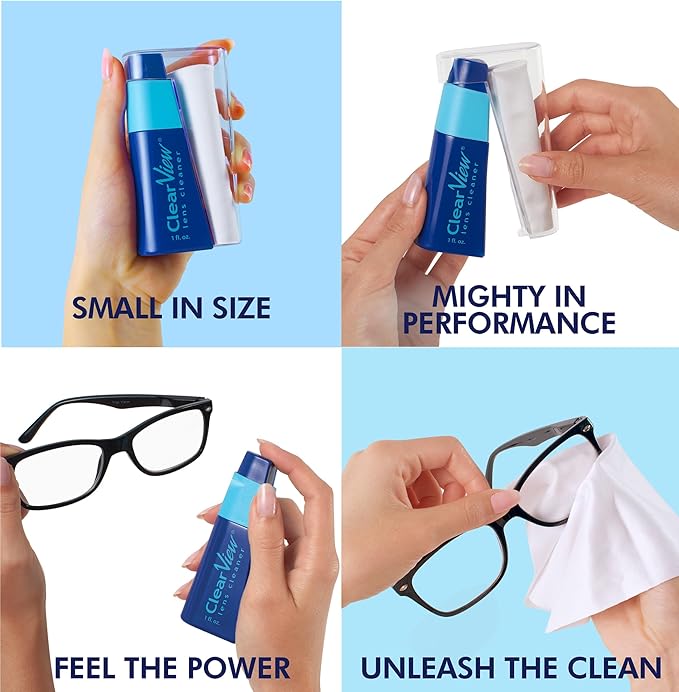 Clear View Lens Cleaner Kit | 2 x 8oz Bottles, 1 Travel Spray (1oz), 3 Premium Microfiber Cloths | Safe for All Lenses, Coatings & Screens