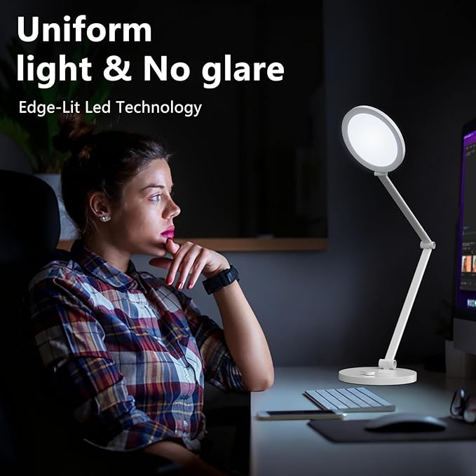 LED Desk Lamp for Home Office, Eye-Caring Modern Desk Light, 3 Color Temperature 10 Brightness Computer Light, Dimmable Desk Light with Memory & Timer Func, Metal Swing Arm Table Lamp (White)