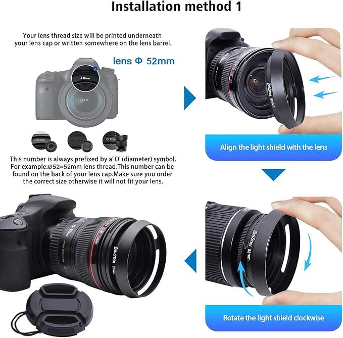 52mm Lens Hood,52mm Metal Camera Lens Hood Compatiable All Brands Ø Lenses with 52mm Filter Thread.