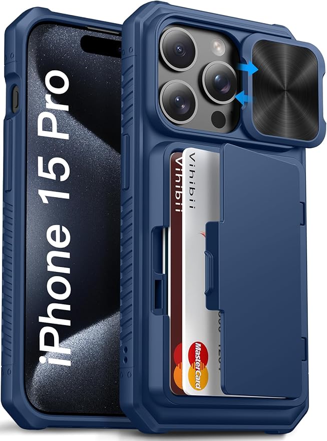 Vihibii for iPhone 15 Pro Wallet Case with Card Holder (4 Cards) & Slide Camera Lens Protective Cover & Kickstand, Heavy Duty Shockproof Rugged Durable Phone Case for iPhone 15 Pro 5G 6.1" 2023, Blue