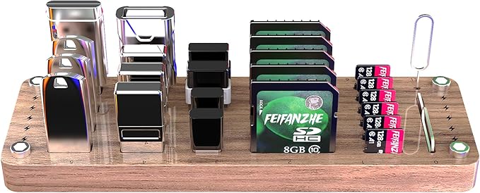 FEIFANZHE 25 Slot Wooden Memory Card Case Box and USB Drive Stand - SD Card Holder, Micro SD Case, Mobile Card Taking Needle - FSNH01M