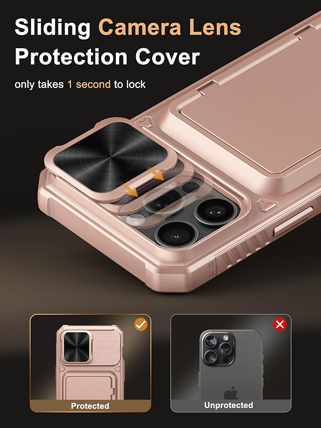 Vihibii for iPhone 15 Pro Max Wallet Case with Card Holder (4 Cards) & Slide Lens Cover & Stand, Shockproof Rugged Hard Back & Raised Edges Protection Case for iPhone 15 Pro Max, 6.7" 2023, Rose Gold