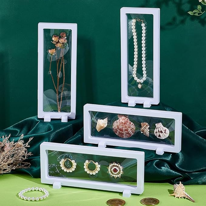 AHANDMAKER 5Pcs 3D Floating Display Case, 9.06"x3.54"x0.81" White Coin Display Case Transparent Film Storage Box, Case Frame Holder Stands for Shell Jewelry Challenge Coin, Pin, Commemorative Medal