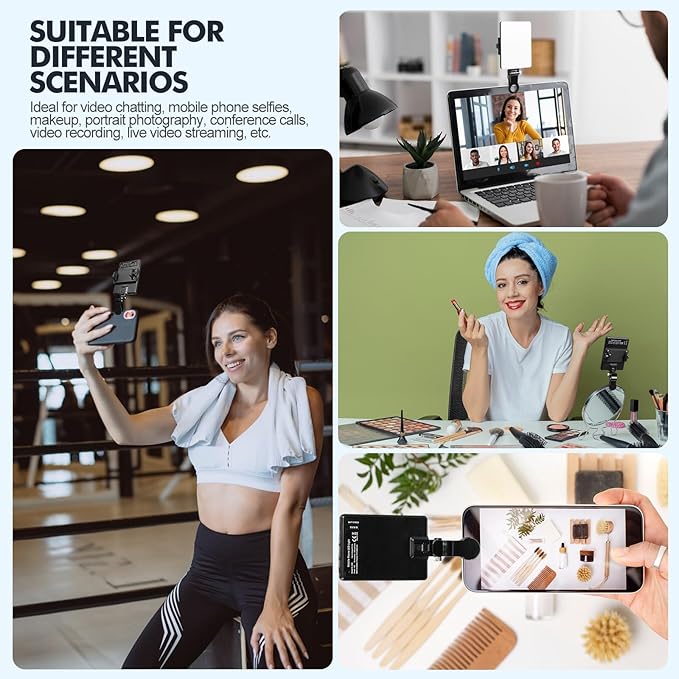 Selfie Light Portable 60 LED Rechargeable Video Conference Fill with Front & Back Clip and Adjusted 3 Modes for Phone, iPhone, IPad, Camera, Laptop, TikTok, Makeup, Live Stream, Vlog