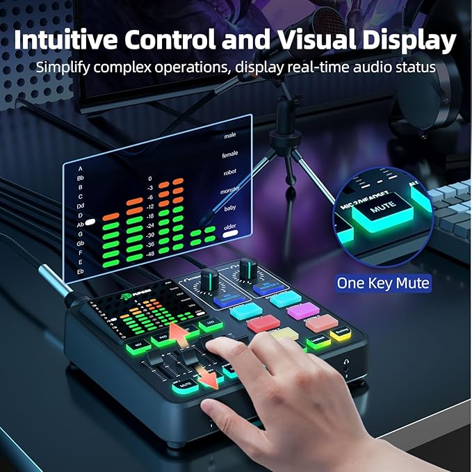 PUPGSIS Gaming Audio Mixer, Audio Interface for PC/Podcast/Streaming, Sound Board with 3.5mm/XLR Mic Input, 48V Phantom Power, Voice Changer, Live Sound Card with DJ Mixer Effects/Bluetooth/4 Channel