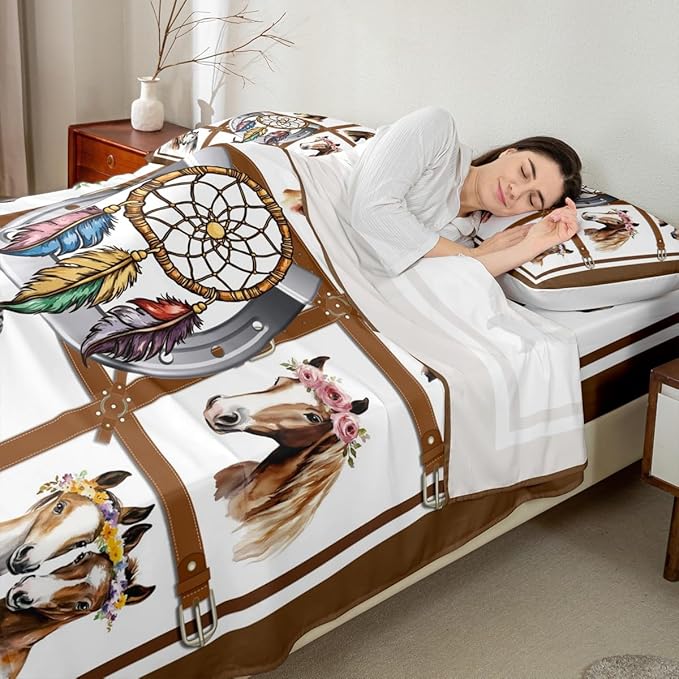 Erosebridal Horse Sheets Cowboys Western Brown Horse Print Bed Sheets Cowgirls Rustic Farmhouse Decor Fitted Sheet Grids Patchwork Flat Sheet Dream Catcher Feather Bedding Sets Twin Size 3 Pcs
