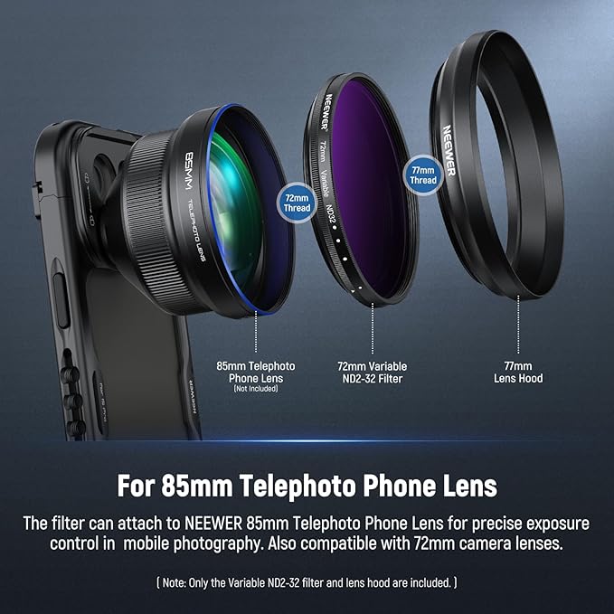NEEWER 72mm Variable ND Filter with 77mm Lens Hood, ND2-32 Adjustable Neutral Density Filter Compatible with iPhone Android Samsung NEEWER 65mm Telephoto Phone Lens