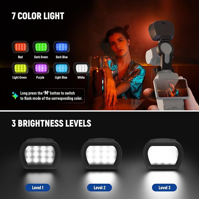 NEEWER Basics Magnetic RGB Light Compatible with DJI OSMO Pocket 3 Gimbal Camera & Creator Combo Accessories, 1W USB C Rechargeable Plastic LED Auxiliary & Fill Lighting for Selfie Vlog Video, M21C