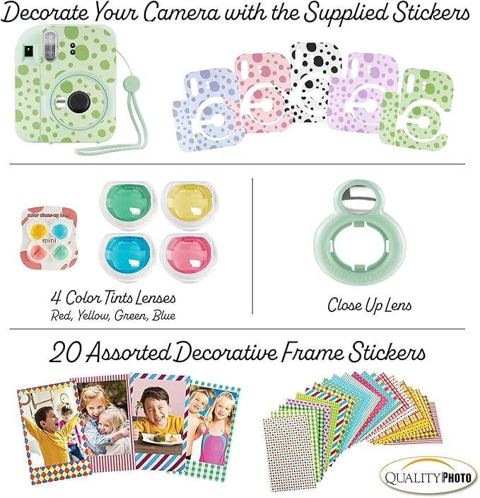Fujifilm Instax Mini 12 Instant Camera + 60 Photo Prints + Quality Photo Value Bundle, Case, Decoration Stickers, Frames, Photo Album, (Mint Green)