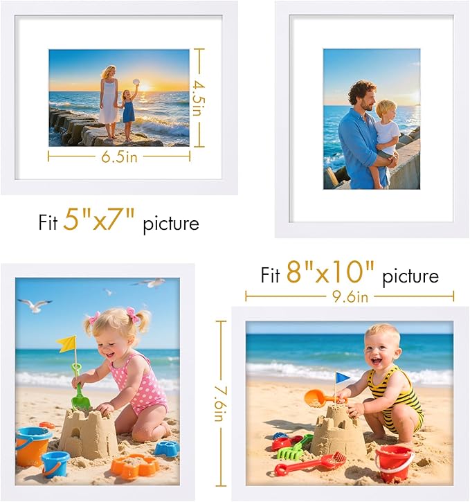 Vittanly 8x10 Picture Frame, Made of Solid Wood and Shatterproof Plexiglass, Display Pictures 5x7 with Mat or 8x10 without Mat, Wooden Photo Frame for Wall Mounting or Tabletop Display, White, 1 Pack