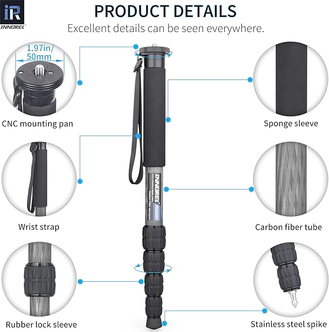 Carbon Fiber Camera Monopod INNOREL RM285C Professional Portable Compact Lightweight Travel 5-Section Monopod for Canon Nikon Sony DSLR Camera Video Camcorder DV Photography Bracket Load 22lbs/10kg