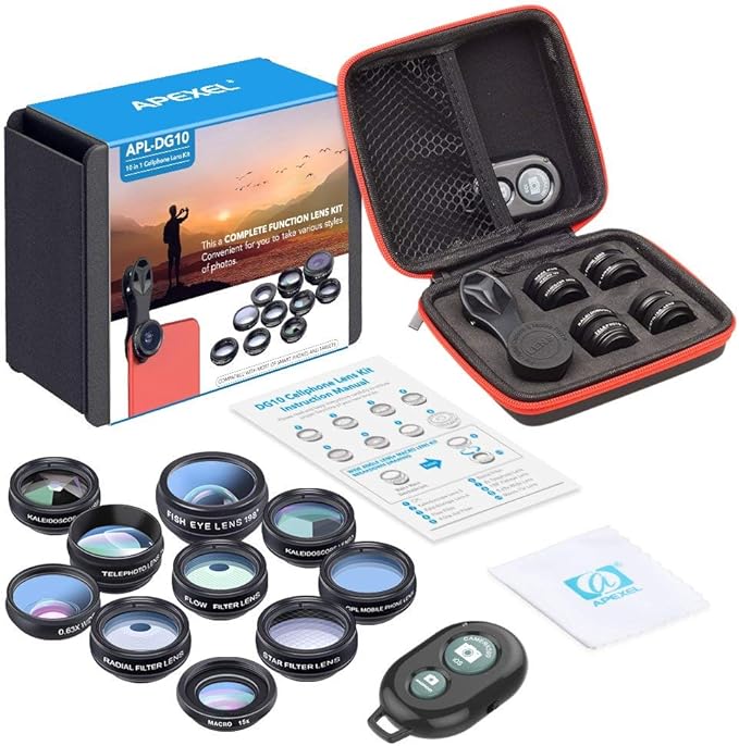 Apexel Phone Camera Lens-Macro Lens+Wide Lens+Fisheye Lens+Telephoto Lens+CPL/Flow/Radial/Star Filter+Kaleidoscope 3/6 Lens 10 in 1 Lens Kit +Remote Shutter for iPhone, Samsung,LG and Most Smartphones