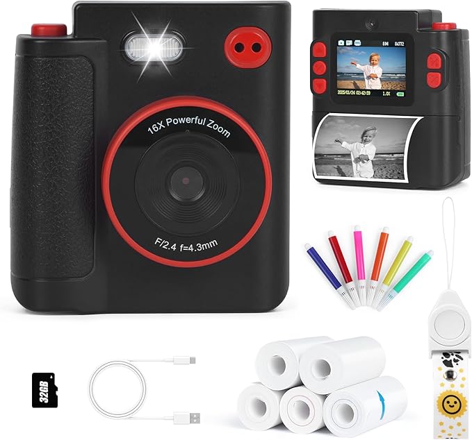 Kids Camera Instant Print, 1080P HD Dual-Lens Selfie Digital Camera with 5 Printing Paper Rolls & 32G TF Card, for Children, Portable Toddler Toy for Age 3-12 Boys & Girls (Black)