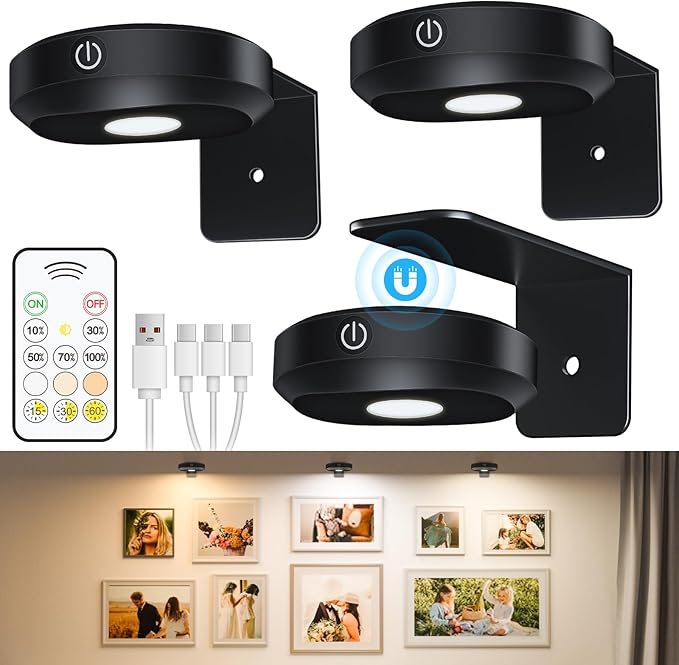 WILLED Picture Lights for Wall Rechargeable,Wireless Battery Operated Art Lighting for Paintings,Puck Lights with Remote,Picture Frame Lights,Dimmable & TimerWireless,Magnetic Gallery Light