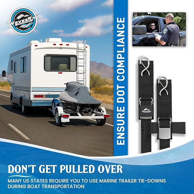 WavesRx Premium Boat & Jet Ski Trailer Transom Straps - Marine Tie Downs - Adjustable via Quick Release Buckle - Must Have Boating Accessories for Safe and Secure Transportation of Your Watercraft