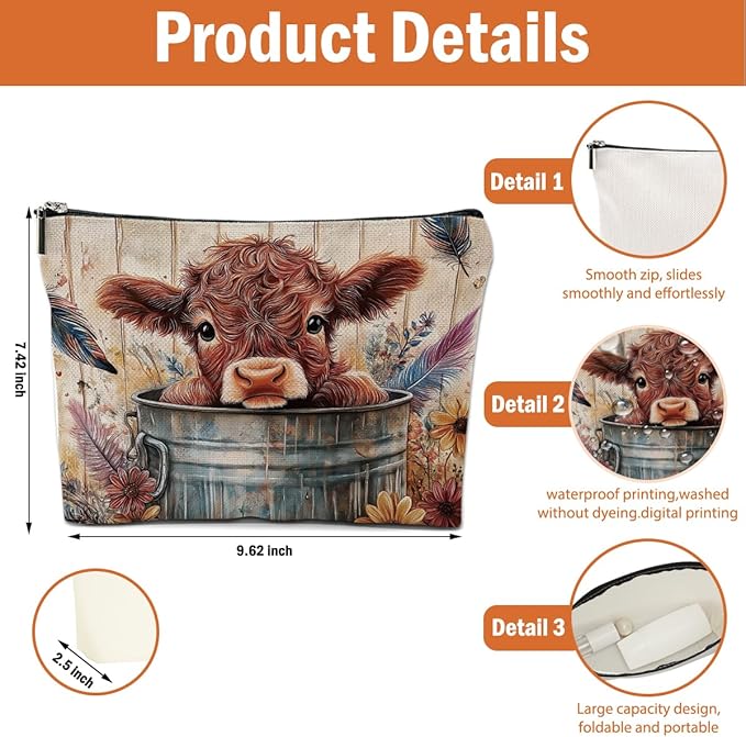 4 PCs Highland Cow Makeup Bag Cow Print Stuff Highland Cow Gifts Cosmetic Bag, Western Gifts for Women Scottish Girls Best Friends Coworkers, Cute Cow Stuff Christmas birthday Gifts Zipper Pouch