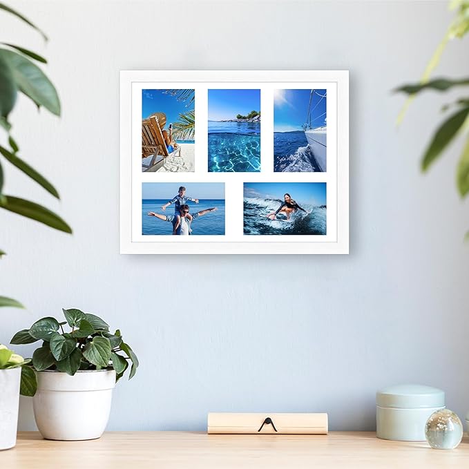 4"x6" Photo Collage Frame 5 Openings, 11"x14" Multi Picture Frame Collage Wall Decor, White Frame with White Mat, Wood