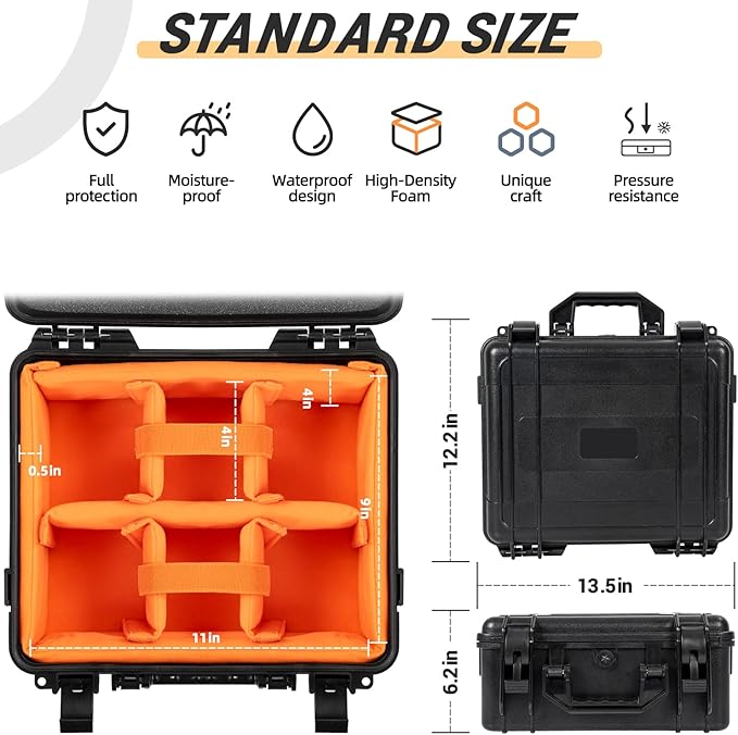 GYXZ Protective Camera Case 11 X 9 X 5.7 Inch Shockproof Water-resistant with Adjustable Dividers (Can hold cameras, pistols, gear, equipment)