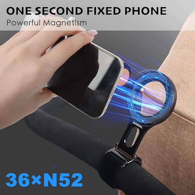 Magnetic Phone Holder for Stroller Bar, Compatible with MagSafe (Strong Magnet) - 180° Adjustable for Gym, Home Fitness Bikes, Shopping Cart, with Adjustable Strap, All Phone (Magnetic Ring Included)