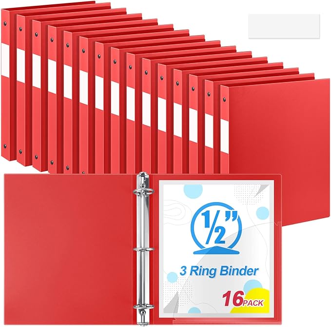 Henoyso 16 Pcs 3 Ring Binder 1/2'' Round Fits Letter Size 8.5'' x 11'' Paper Plastic Flexible Binder Holds 140 Sheets with 1 Pockets Versatile Organizer for Home Office School (Red)
