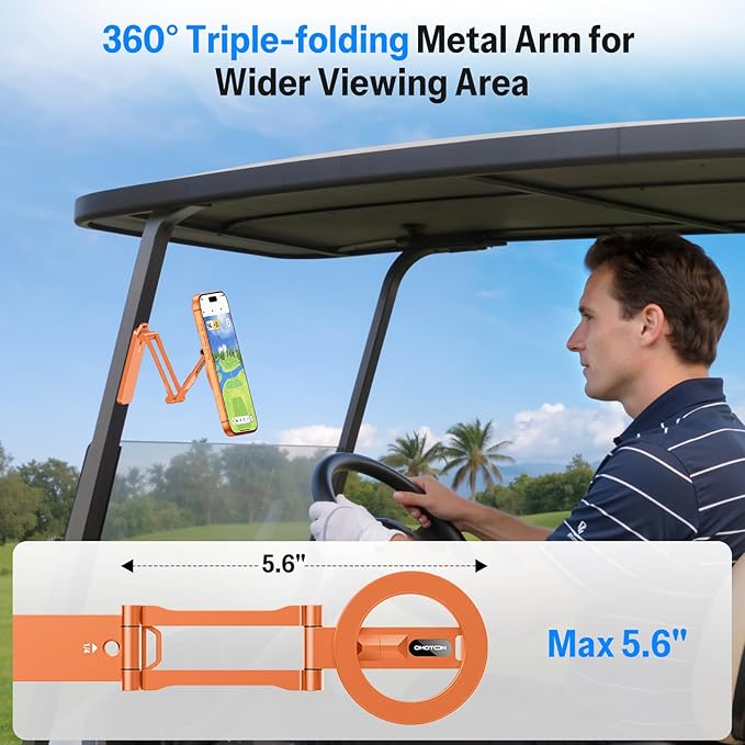 OMOTON CV08 Magnetic Golf Cart Phone Mount with [1/4” Screw + 5.6” Extendable Arm], 360° Rotatable Holder, Strong Magnets for iPhone & Samsung, Fits EZ-GO/Club Car, Includes Pouch & Strap (Orange)