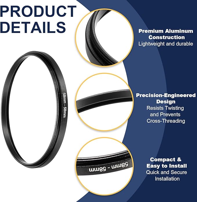 PATIKIL Step Down Ring Adapter 58mm to 58mm, 2 Pcs Filter Step-Down Rings Camera Lens Filters Metal Ring Digital for ND IR DSLR Lenses, Black