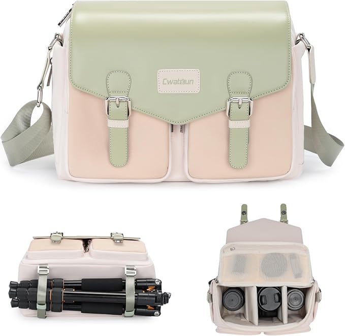 Cwatcun Camera Bag, Waterproof Flap Camera Crossbody Shoulder Messenger Case with Tripod Holder, Travel Photography Bag for Canon, Nikon, Sony, Fuji DSLR/SLR/Mirrorless Camera, Lens （Light Green）, L