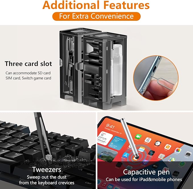 Cell Phone Cleaning Kit, iPhone Cleaning Kit for Charging Port Cleaner Keyboard Cleaning Kit for Airpods/Android/USB C/Earbuds/Laptop/iPad/Camera Lens with Stylus Pen (Black Brush Refill)