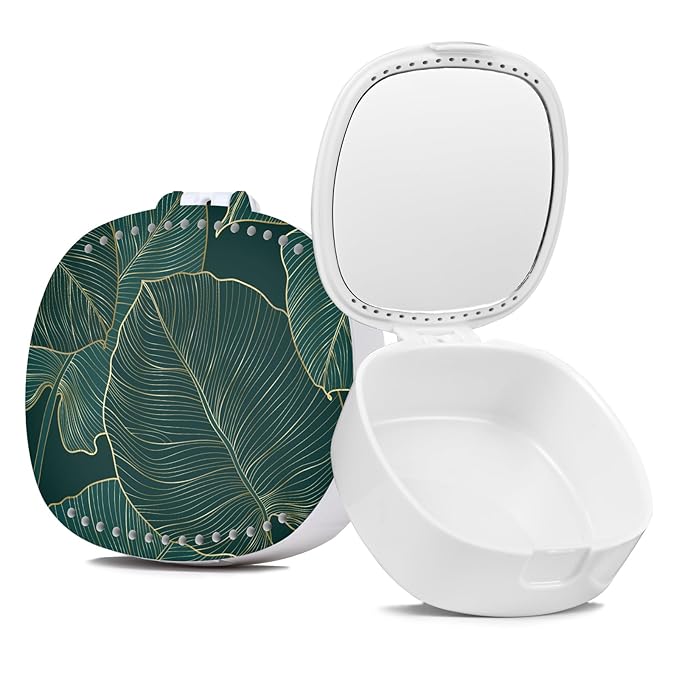 Retainer Case with Mirror & Ventilation - Night Guard & Orthodontic Aligner Case, Dark Green Leaves