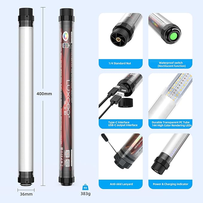 RGB LED Photography Light 10400mAh Battery Powered Tube Light Waterproof IP68 Full Color RGB Portable Lighting Wand Stick for Video Recording Studio, 12 Lighting Modes, 3000K 6000K CRI95+