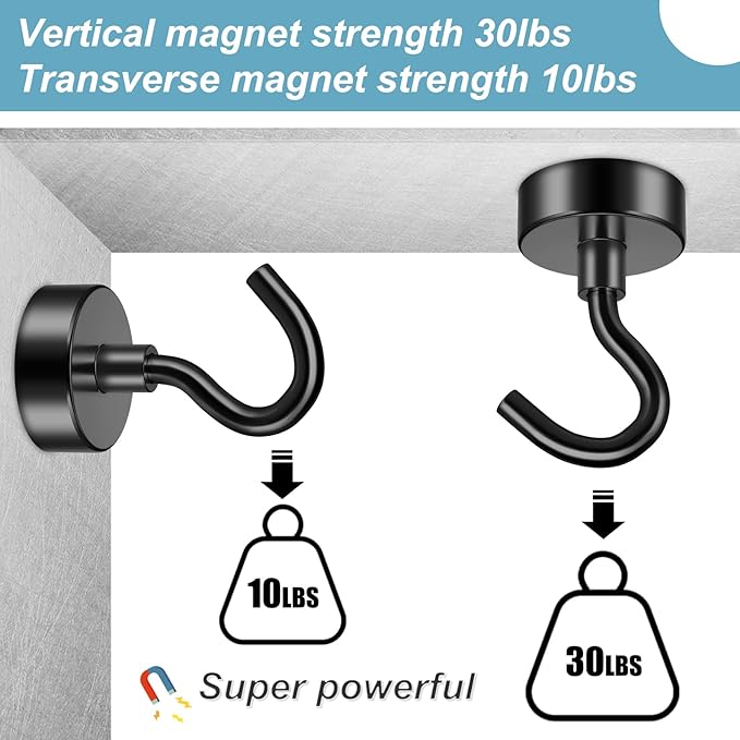 FINDMAG 16 Pack Magnetic Hooks, Black Neodymium Magnet Hooks, 30 LBS Strong Magnetic Hooks for Hanging, Magnet with Hooks for Home, Kitchen, Bathroom, Office