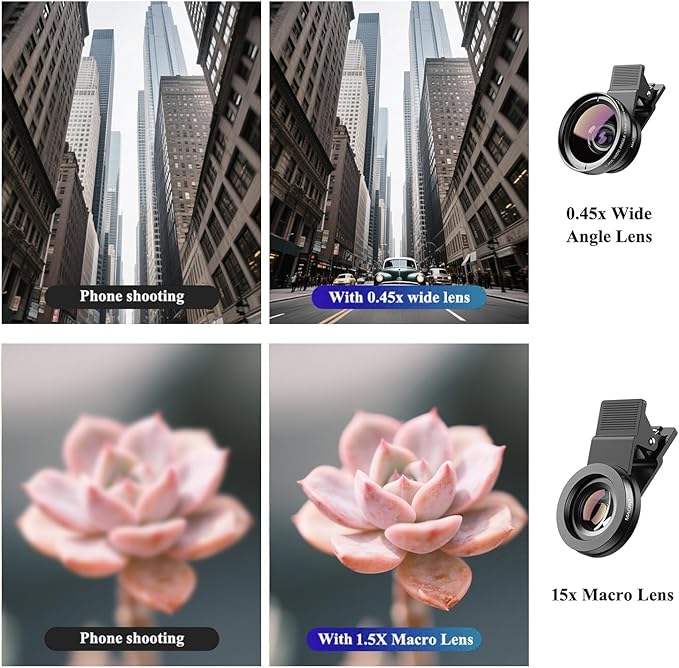 Phone Camera Lens 2 in 1 Phone Lens Kit, 0.45 Super Wide Angle Lens 15x Macro Lens, Wide Compatibility with Popular Smartphones, Tablets and Laptops of Various Brands