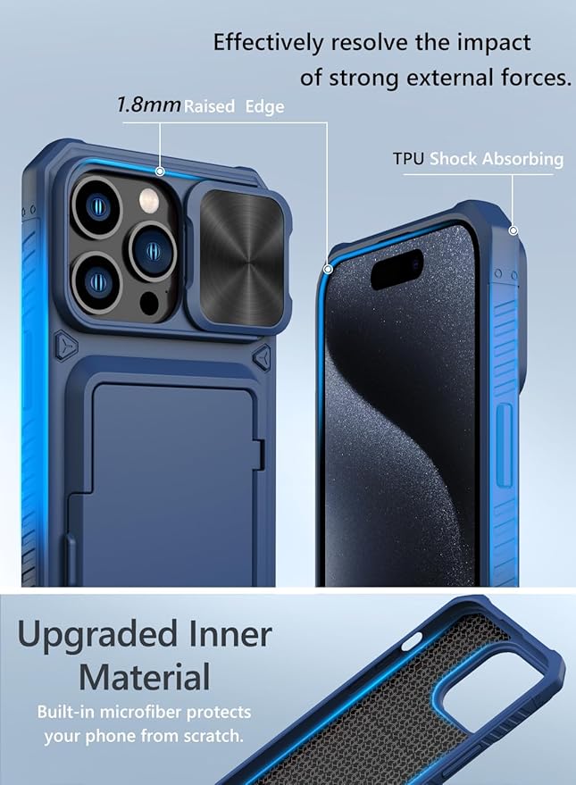 Vihibii for iPhone 15 Pro Max Wallet Case with Card Holder (4 Cards) & Slide Lens Protective Cover & Kickstand & Raised Edges Protect Screen, Shockproof Rugged Case for iPhone 15 Pro Max 6.7", Blue