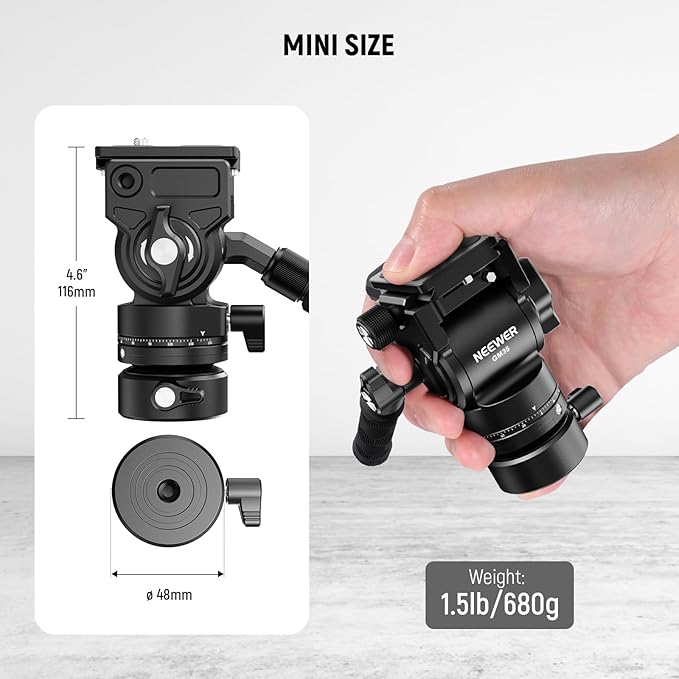 NEEWER Tripod Fluid Head with +/-7° Leveling Base (φ48mm), Metal Mini Pan Tilt Video Head Mount with Arca Type QR Plate, Telescopic Handle for Compact Video Camera DSLR Camera, Max Load 11lb/5kg, GM35