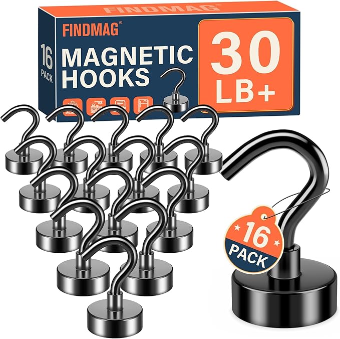 FINDMAG 16 Pack Magnetic Hooks, Black Neodymium Magnet Hooks, 30 LBS Strong Magnetic Hooks for Hanging, Magnet with Hooks for Home, Kitchen, Bathroom, Office